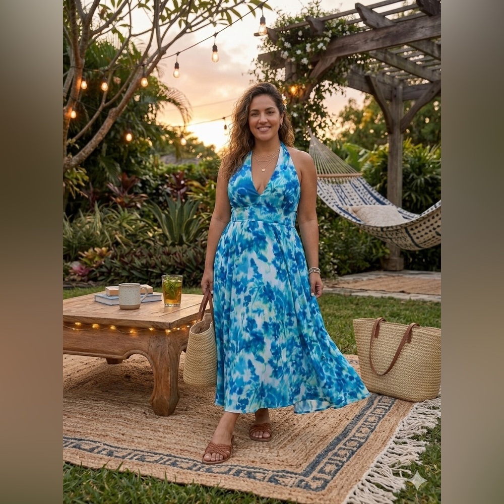 DKNY Blue Tie-Dye Halter Maxi Dress